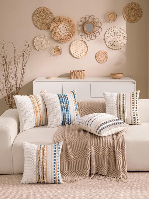 18x18 Inch Set 2 Boho Chenille Tufted Couch Throw Pillow Covers of Farmhouse Striped Decorative Pillow Covers Accent