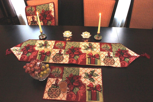 Tache Home Fashion Christmas Decorative Tapestry Table Runners with Tassels, Holiday Tidings Poinsettia 13 x 90