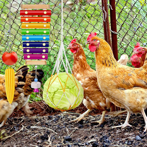Gejoy 6 Pieces Chicken Toys for Coop Accessries Wooden Stand Mirror with Bells Coop Swing Veggies Fruit Skewer