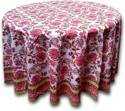 Floral Tablecloth for Round Tables, Pink Red Green White Cotton, 90 inches