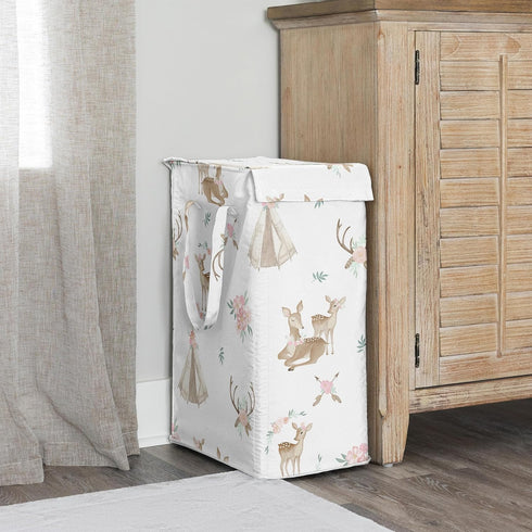 Sweet Jojo Designs Woodland Deer Floral Girl Laundry Hamper Foldable Dirty Clothes Basket with Handles Baby Nursery