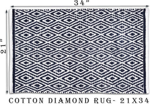 Ramanta Home 100% Cotton Diamond Rug, 21x34 Hand Woven Reversible Washable Rug - Navy, for Bathroom, Entry, Living Room
