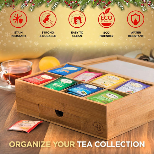 8 Set Bambuesi Tea Box Organizer with Drawer - Compartment Bamboo Wooden Tea Storage Chest with Acrylic Window