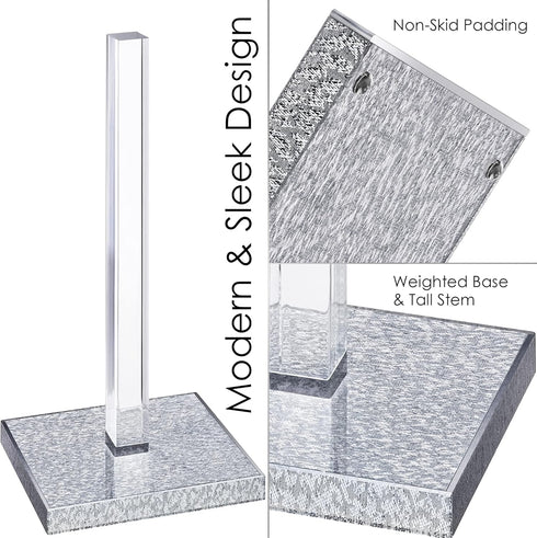 Elavain 12.5 Elegant Acrylic Paper Towel Holder Stand & Standing Toilet Paper Holder | Silver Base & Clear Stem | Great