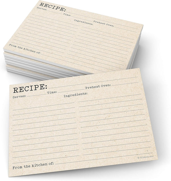 321Done 5x7 Recipe Cards (Set of 50) Typewriter Kraft Tan Double-Sided for Weddings, Baby Shower