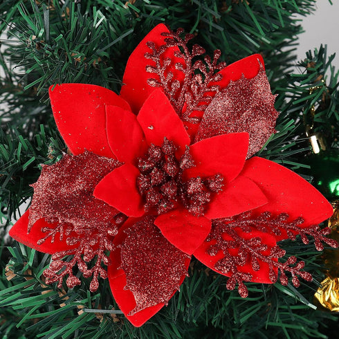 RECUTMS 10 PCS Red Glitter Poinsettia Flowers, Artificial Christmas Decorations for Tree, Wreath, New Year Ornaments