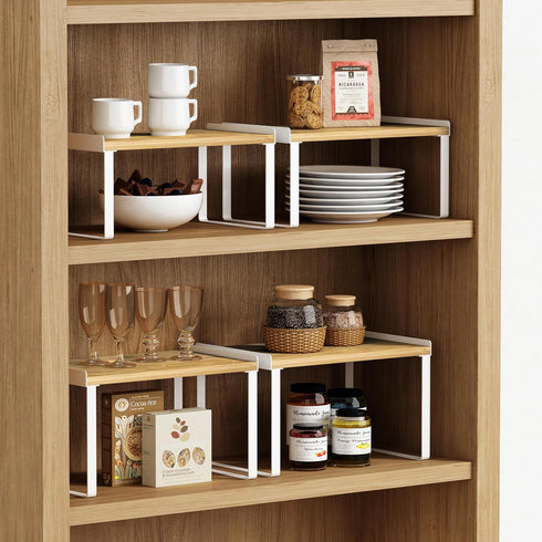 Kitchen Cabinet Organizer Shelf Set of 4, Stackable Countertop Storage Rack for Pantry Spices, Plates, Desk Books