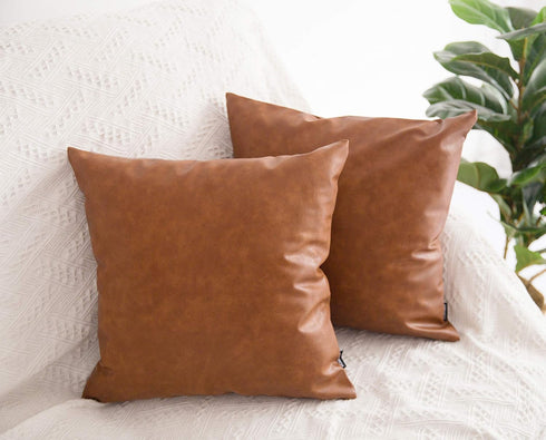 Faux Leather Throw Pillow Covers, Set of 2, 16x16 inch, Thick Cognac Brown Decorative Cushion Cases