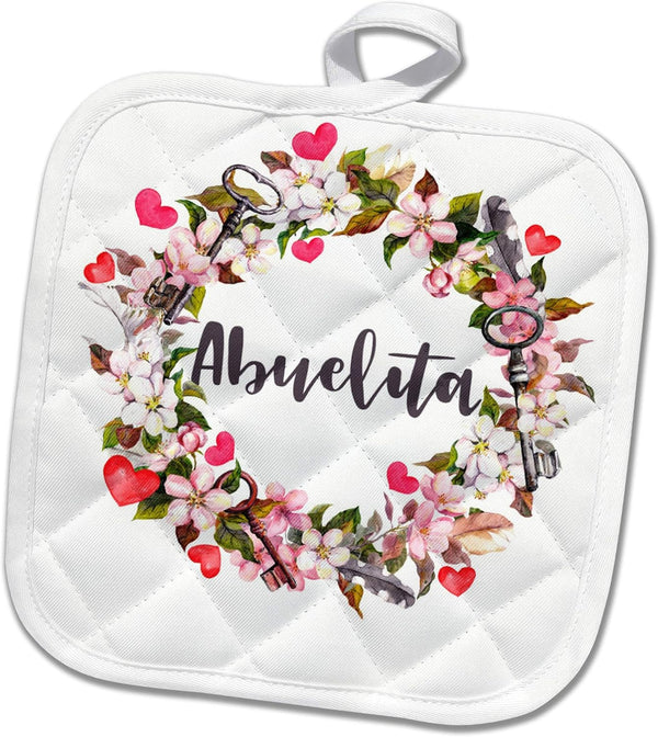 8x8 Potholder - Abuelita Flowers Heart and Keys Wreath Design by S.Heller and Kids