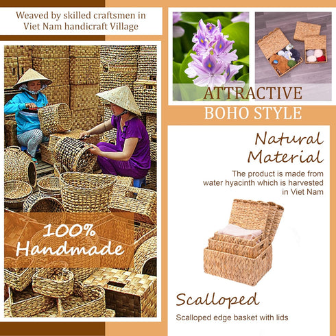 Set 3 LUSYDECO of Scalloped Edge Wicker Basket with Lid, Rectangle Wicker Storage Basket with Built-in Handles