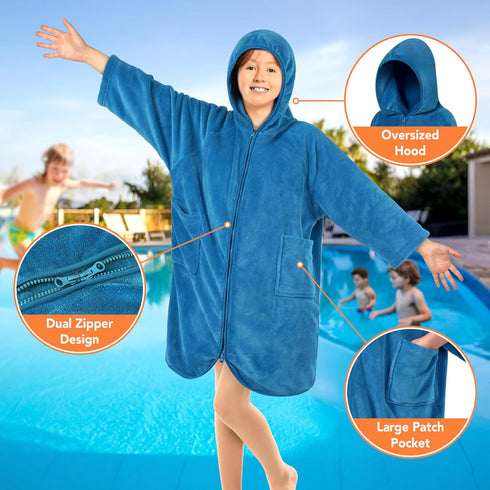 7-10 SUN CUBE Hooded Towel Robe for Kids, Zip Up Swim Parka Beach Cover Up for Girls Boys, Surf Poncho Changing Bath