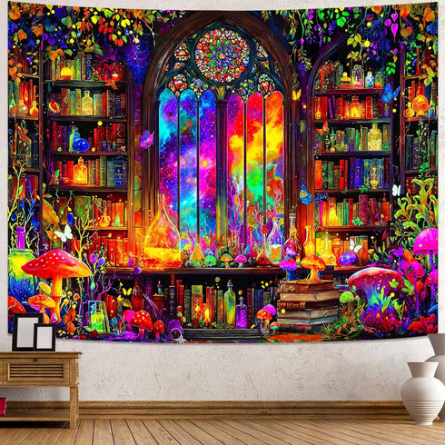 Spenlife Blacklight Fantastic Library Tapestry, UV Reactive Vibrant Bookshelf Wall Tapestries for Room
