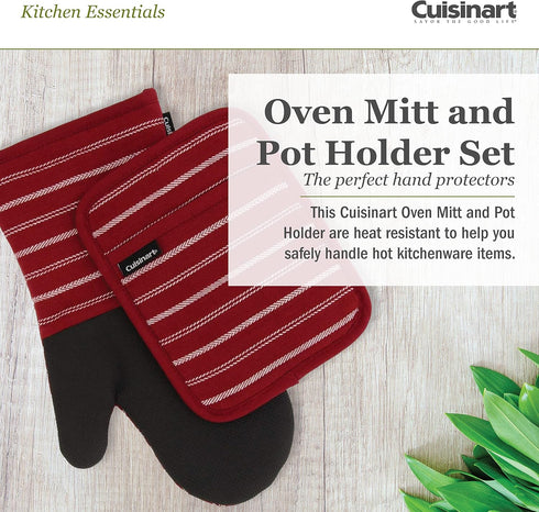 Cuisinart Neoprene Oven Mitts and Potholder Set, Heat Resistant Gloves with Non-Slip Grip, Red Dahlia
