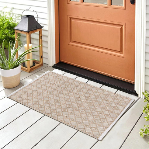 THE BEER VALLEY Diamond Woven Rug 2'x3' - Beige, Anti-Slip Cotton Accent Rugs for Kitchen, Entryway, Bathroom