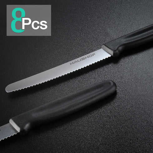 HAUSHOF Steak Knives Set of 8, Serrated Steak Knives, Premium Stainless Steel Steak Knife Set with Gift Box, Black Handle