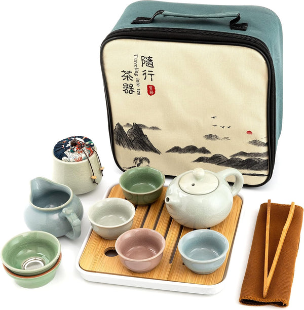 Ceramic Kungfu Tea Sets 12 Piece,Mini Protable Travel Tea Set With Tea