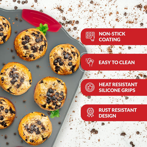 Boxiki Kitchen 12 Cup Mini Muffin Pan with Silicone Liners, Non-Stick Steel Bakeware for Baking Muffins
