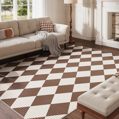 5x7 Washable Checkered Rugs for Bedroom, Brown and White Area Rug for