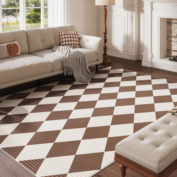 5x7 Washable Checkered Rugs for Bedroom, Brown and White Area Rug for