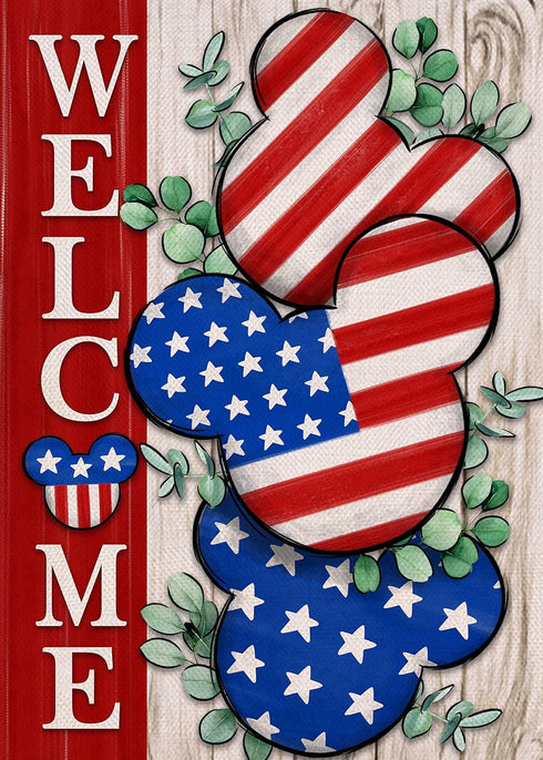 Welcome 4th of July Stars Stripes Cartoon Mouse Garden Flag - Double Sided American USA Memorial Day Yard Decor