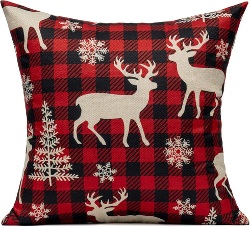 VAKADO Farmhouse Christmas Throw Pillow Covers - 20x20 Set of Buffalo Check Red Deer Plaids for Winter Decor