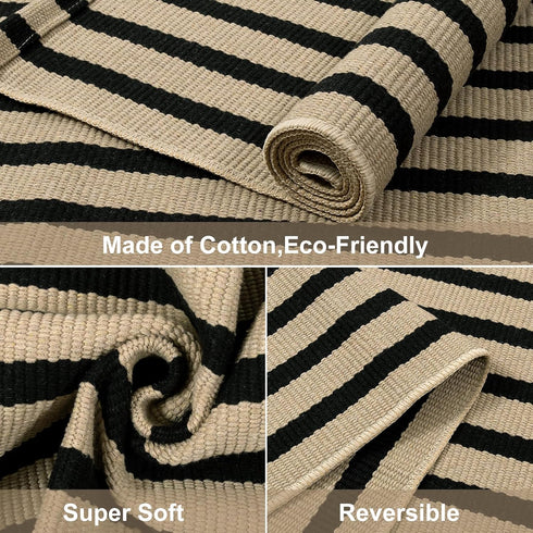 Black and Tan Outdoor Rug, 2x4.3 Striped Hand-Woven Entryway Mats, Reversible Layered Doormat