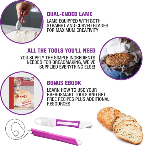 5PC Set Breadsmart Artisan Bread Making Kit - Sourdough Bread Baking Supplies - Lame, Scraper, Whisk, Banneton Bread