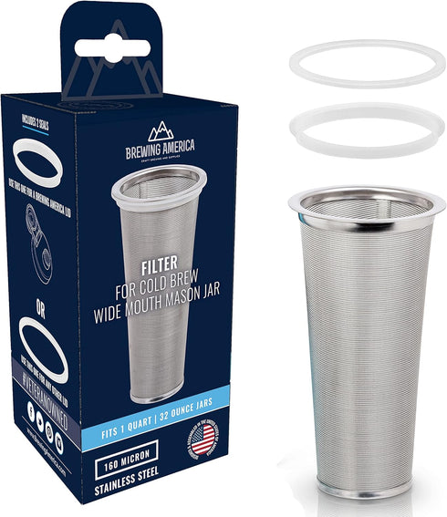 Cold Brew Filter for Mason Jar Wide Mouth Coffee Maker, Upgraded Stainless Steel Mesh with 2 Silicone Seals, 1 Quart