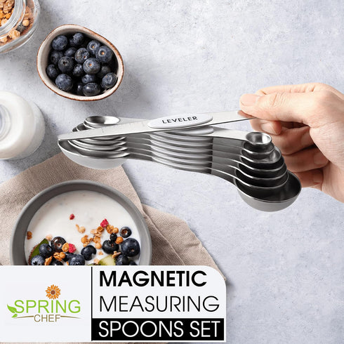 Spring Chef White Stainless Steel Magnetic Measuring Spoons Set of 8 with Leveler, Dual Sided Metal Teaspoon & Tablespoon Measuring Spoons, Fits in Spice Jars, Kitchen Gadgets for Baking & Cooking