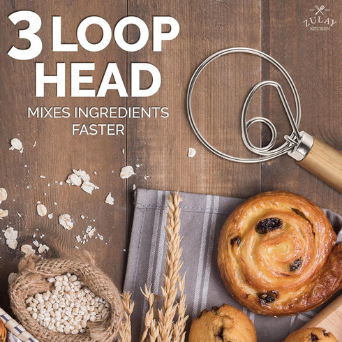 Zulay Kitchen 13-Inch Danish Dough Whisk, Wooden Whisk with Stainless Steel Dough Hook for Sourdough and Pastry