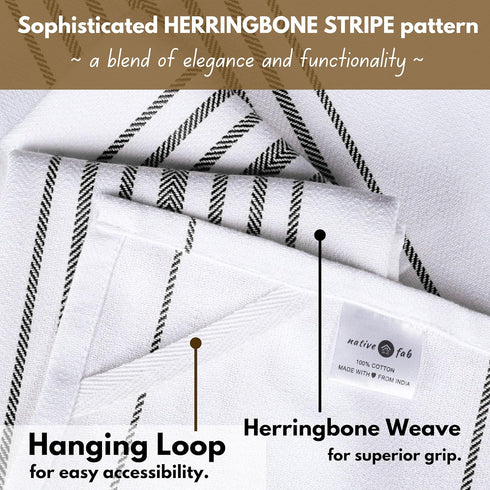 12 Pack 16"x26" Native Fab Black Stripe Kitchen Towels Herringbone Scandia Weave - Super Absorbent Cotton Dish Towels