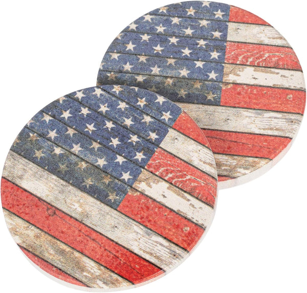 American Flag Distressed Wood Look, 2.75 x 2.75 Absorbent Ceramic Car Coasters, Pack of 2