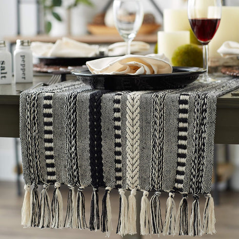 15x72 (15x77, DII Farmhouse Braided Stripe Table Runner Collection, Fringe Included), Black