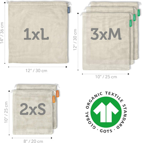 6 Reusable Produce Bags, Organic Cotton Mesh Grocery Bags, Washable, for Vegetables