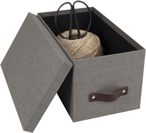 Bigso Silvia Organizational Storage Box with Leather Handle, Durable Decorative Storage Boxes with Lids, Gray