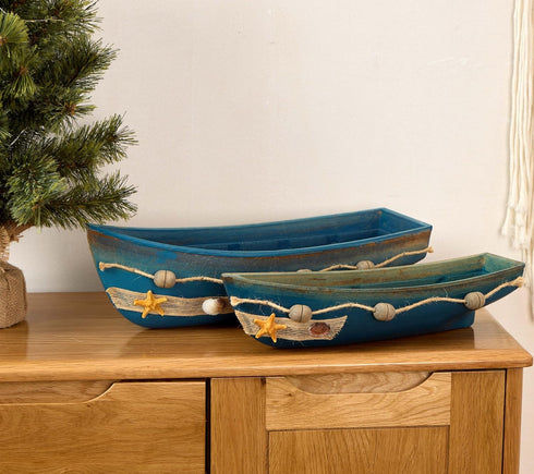 Konjouror 2 Pack Wooden Boat Tray Display, Blue Boat Model Decoration, Nautical Beach Ocean Decor