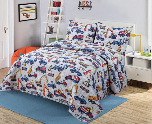 Kids Zone Home Linen Kids Zone Collection Bedspread Set Construction Vehicles Kids Bedding Set Blue and
