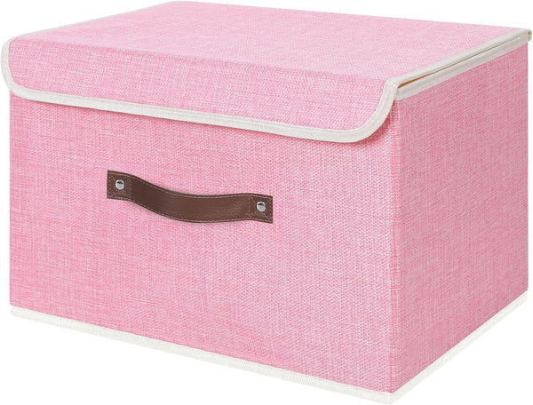 ANMINY Storage Bin with Lid, Decorative Foldable Lidded Cotton Linen Fabric Home Cubes Baskets Closet Organizer - Pink,