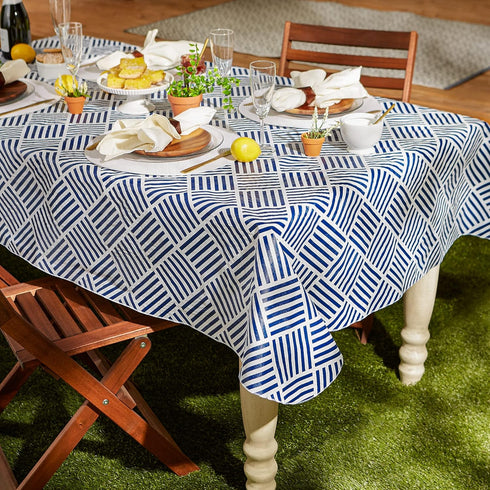 60x102, DII Indoor/Outdoor Vinyl Tabletop Collection Grid Pattern, Flannel Backed Tablecloth, Rectangle, Navy