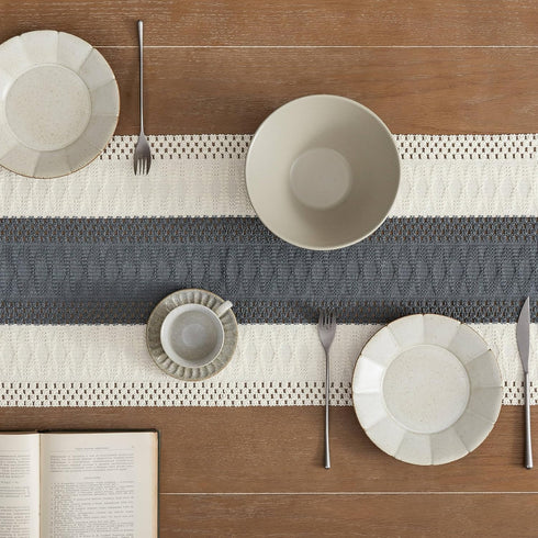 14 36 Inch 36 Inches ZeeMart Macrame Style Bicolor Stitching Table Runner, x Charcoal/Ivory, Boho Dark Grey Table