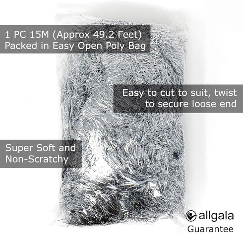 Allgala Silver Tinsel Garland, 50 Feet Christmas Metallic Foil Decoration for Holiday Tree, Wall, Home Office Event