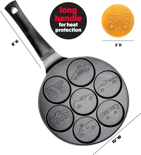 Car & Truck Mini Pancake Pan, Make 7 Unique Flapjack Cars, Nonstick Griddle for Breakfast Fun & Easy Cleanup
