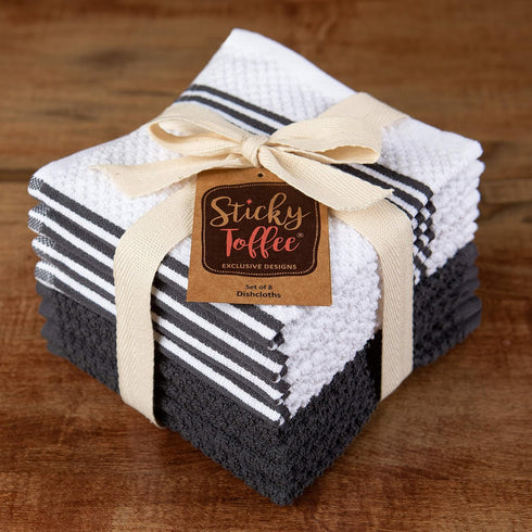 Set 8 12x12 Sticky Toffee Cotton Dishcloths of Gray and White Kitchen Towels in, Reusable and Absorbent Tea Towels