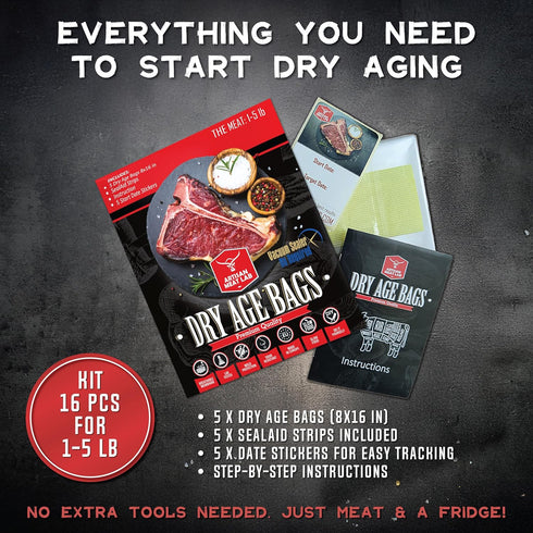 Artisan Meat LAB 5pcs. 8x12 (20x30 cm), 1-4 lb 0.5-2 Dry Age Bag for Beef Steak. Easily Create Delicious DIY Aged Meat.