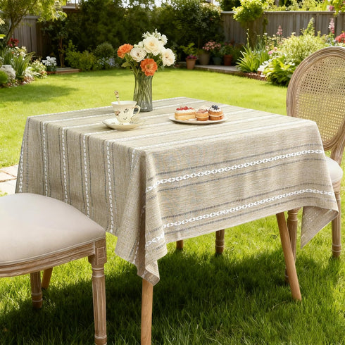 52x52 inch NEWISHER Rustic Farmhouse Embroidered Square Tablecloth Jacquard Striped Table Cloth Linen Texture Washable