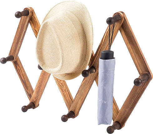 MyGift 10 Hook Burnt Wood Wall Mounted Expandable Accordion Peg Coat Rack for Entryway or Garage