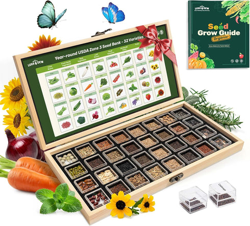 Lush&Dew USDA Zone 3 Seed Bank, Gardening Gifts for Women Men, 32