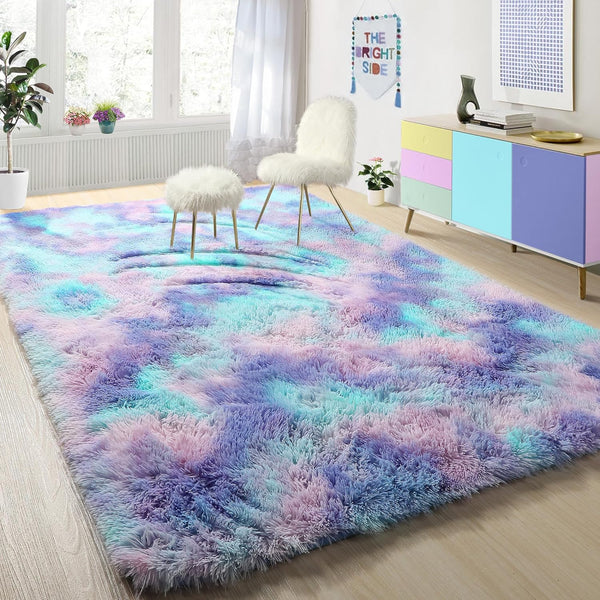 PAGISOFE Cute Furry Pastel Rug for Girls Bedroom, Soft Adorable Rainbow Purple