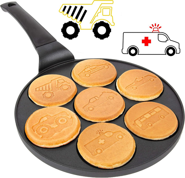 Car & Truck Mini Pancake Pan, Make 7 Unique Flapjack Cars, Nonstick Griddle for Breakfast Fun & Easy Cleanup