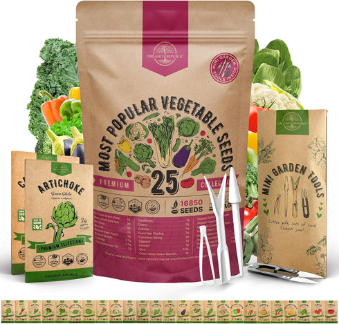 Organo Republic 25 Vegetable Seeds Variety Pack - 16,850+ Non-GMO Heirloom Seeds